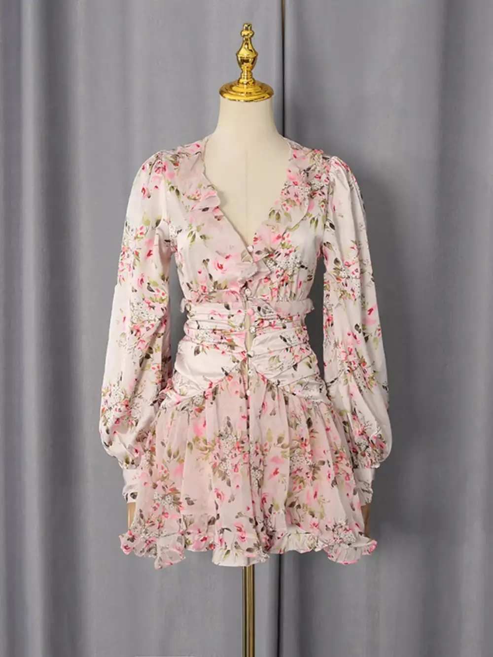 Structured Shape Floral Printed Ruffle Mini Dress