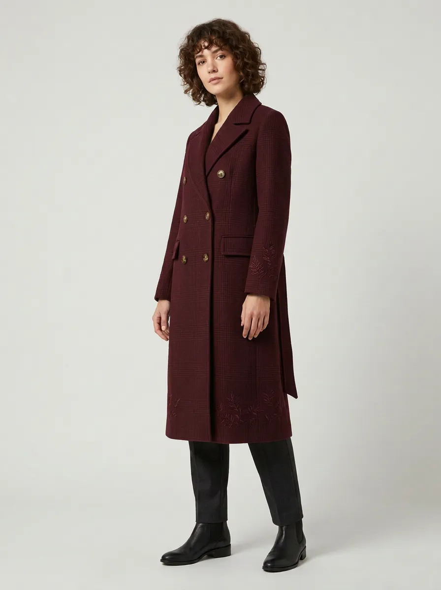 Women's Navy Plaid Floral Embroidered Double-Breasted Coat