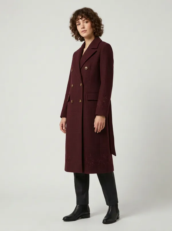 Women's Navy Plaid Floral Embroidered Double-Breasted Coat