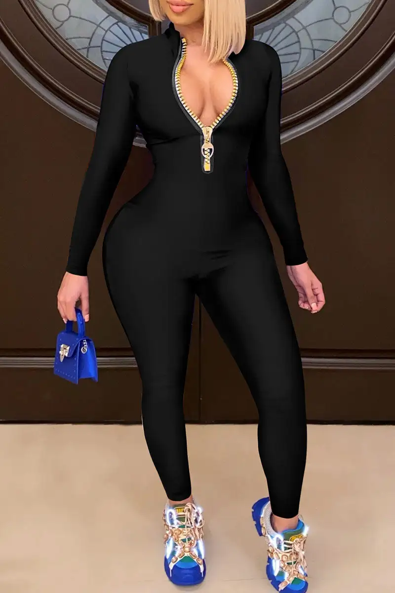 Casual Solid Split Joint Zipper Collar Skinny Jumpsuits