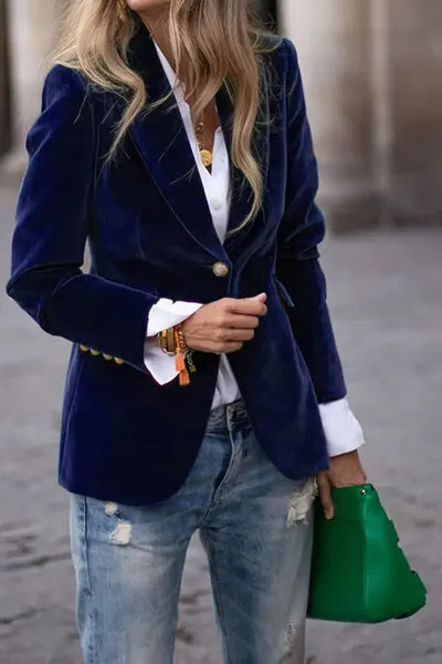 Refined Single-Button Lapel-Collar Long-Sleeve Blazer