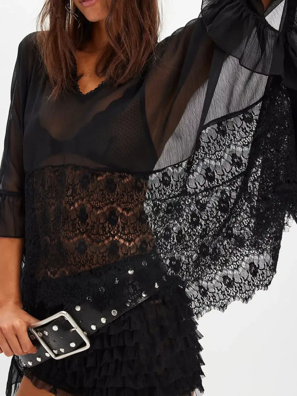 Lace V Neck Ruffle Long Sleeve Swim Cover Up