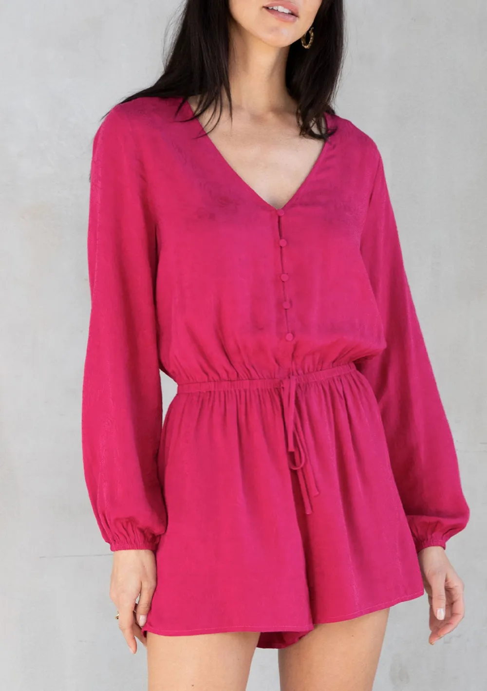 Half Button V-Neck Long Sleeve Romper