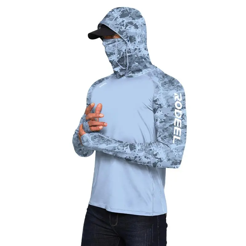 Sun Hoodie Shirt w/ UV Detection Mask Neck Gaiter Thumbhole Men UPF 100+ Sun Protection Raglan Long Sleeve Lightweight Quick Dry Moisture Wicking Breathable Cooling Athletic Activewear for Outdoor Hiking Fishing Construction Roofing Landscaping