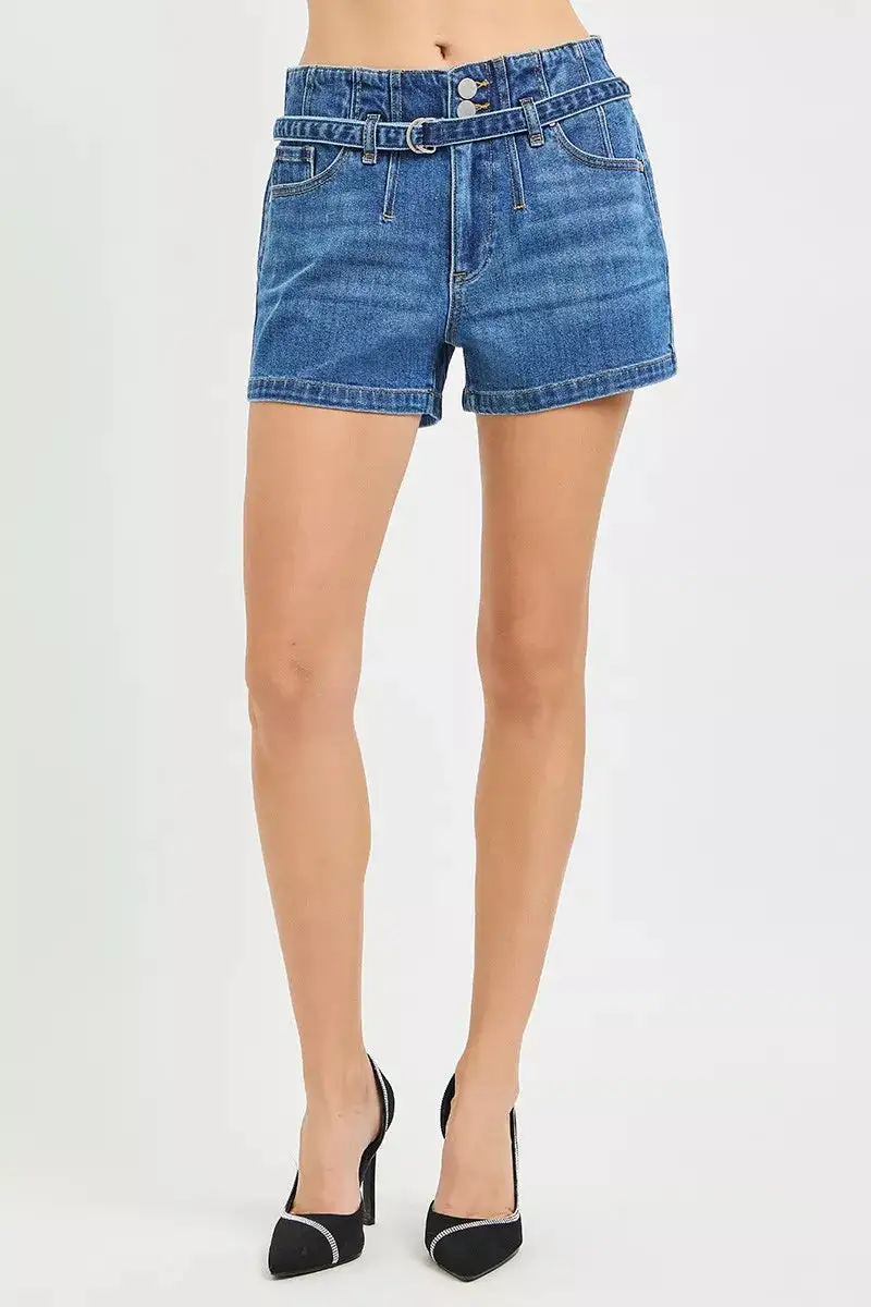 Double Button Slouchy Denim Shorts with Belt