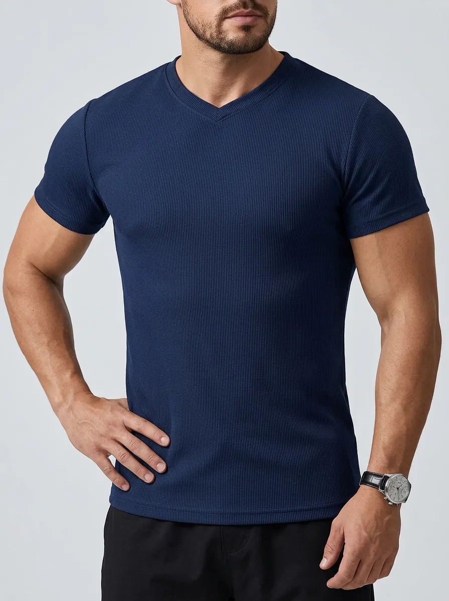 Minimal Ribbed V-Neck Silhouette Men's Slim Fit Short Sleeve T-Shirt