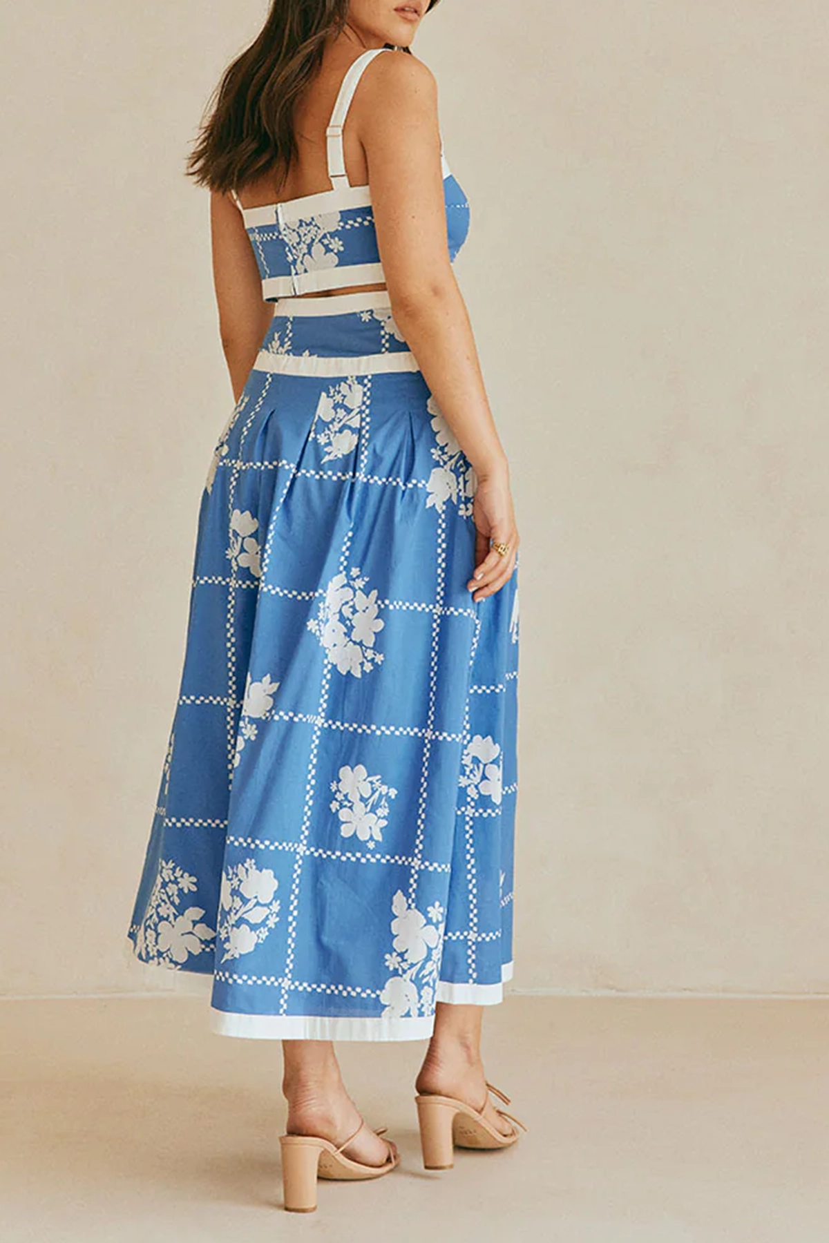 Checkered Floral Print Midi Skirt