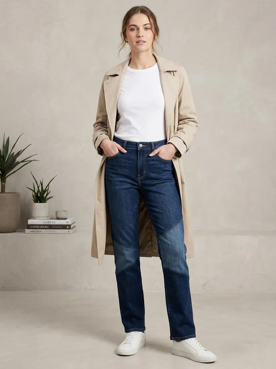 Women's Colorblock Patchwork Printed Straight-Leg Jeans with Mid Rise
