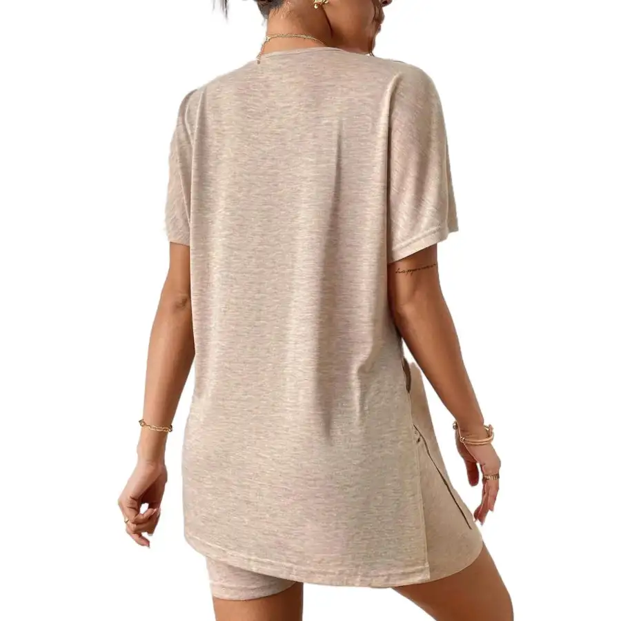 Slit Round Neck Short Sleeve Oversized Top and Shorts Set