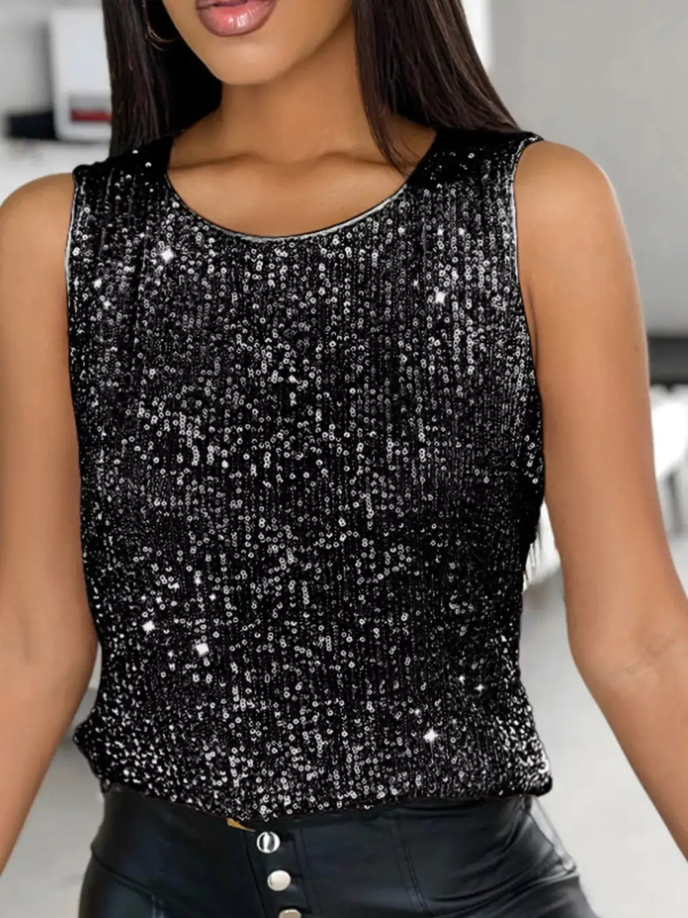 Refined Round-Neck Sequined Tank Top