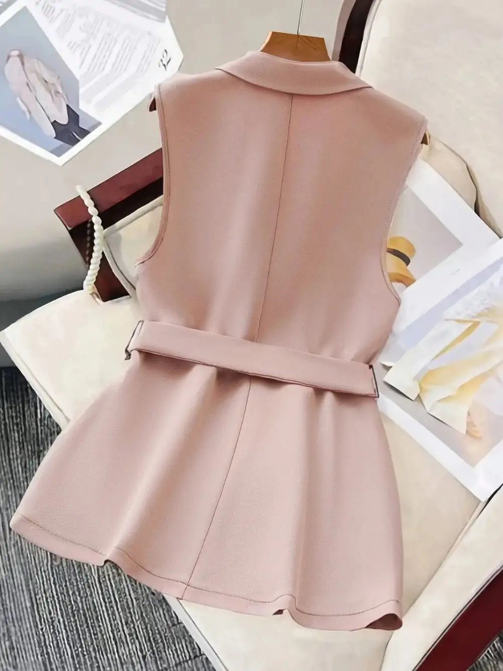 Lapel-Collar Sleeveless Tie-Waist Blazer