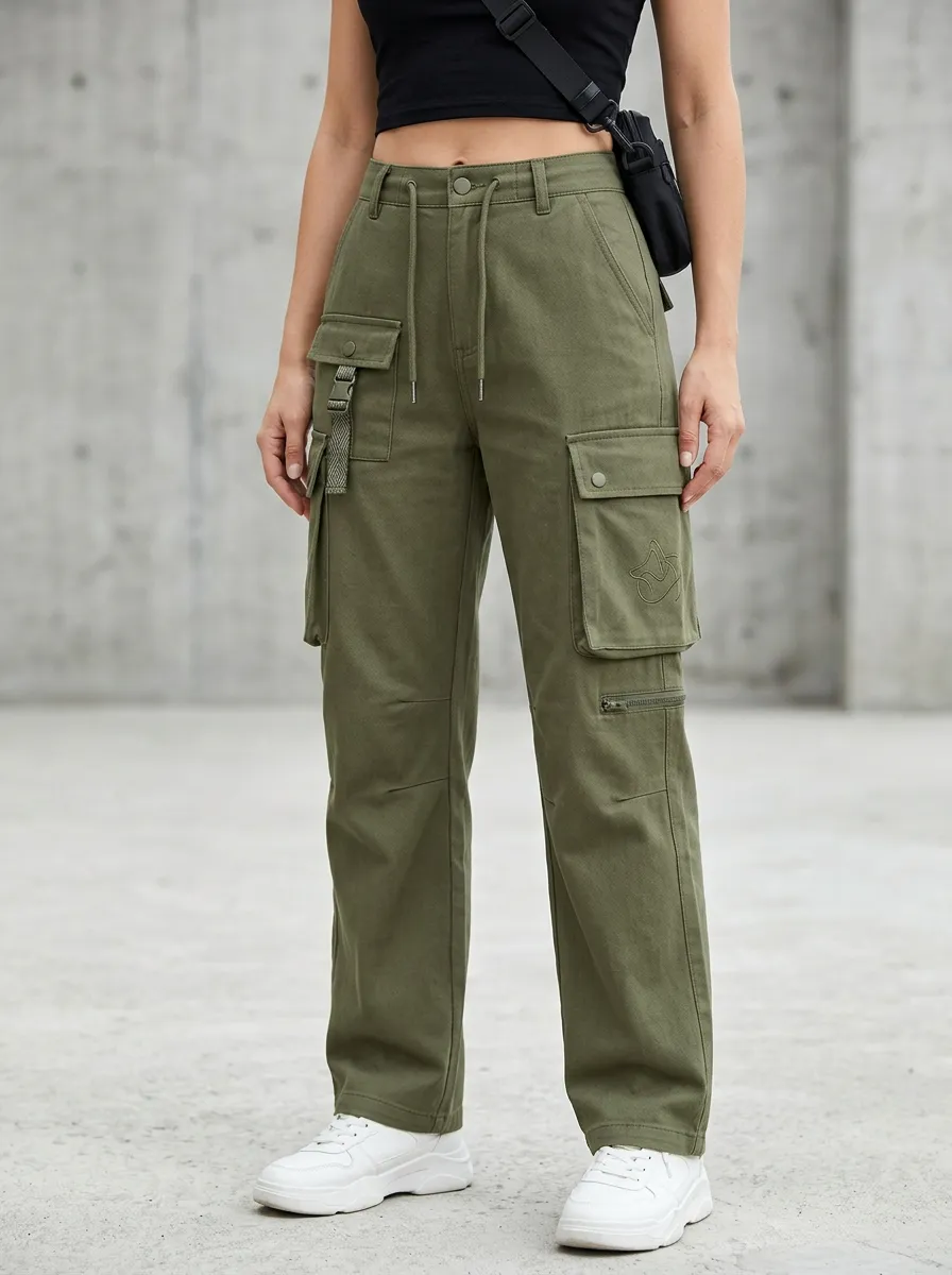 Core Embroidered Detail Multi Pocket Collection Women's Multi Pocket Cargo Pants