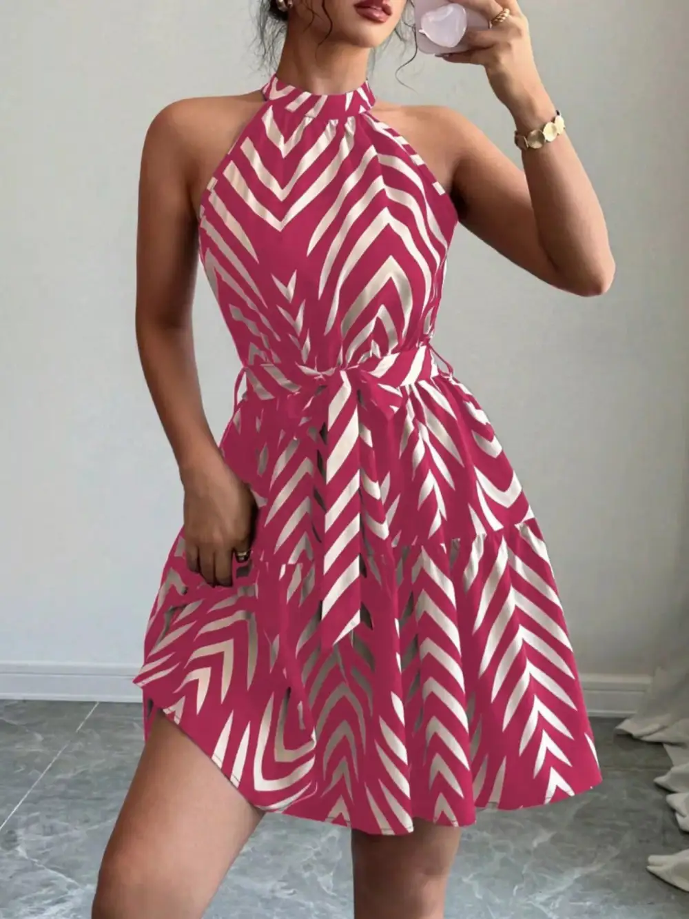 Printed Tie Waist Ruffle Dress Casual