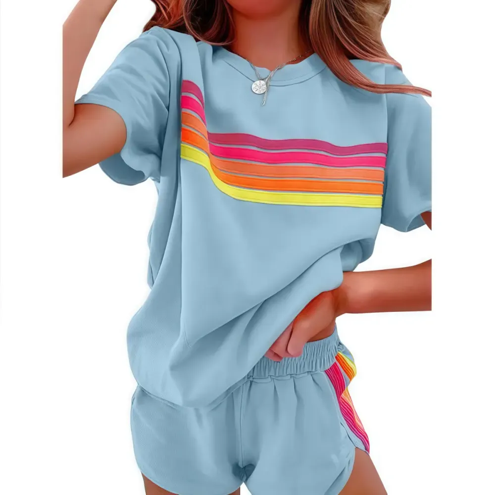 Women's two-piece rainbow striped outdoor sportswear set