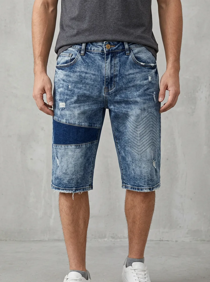 Men's Patchwork Distressed Acid Wash Distressed Denim Shorts