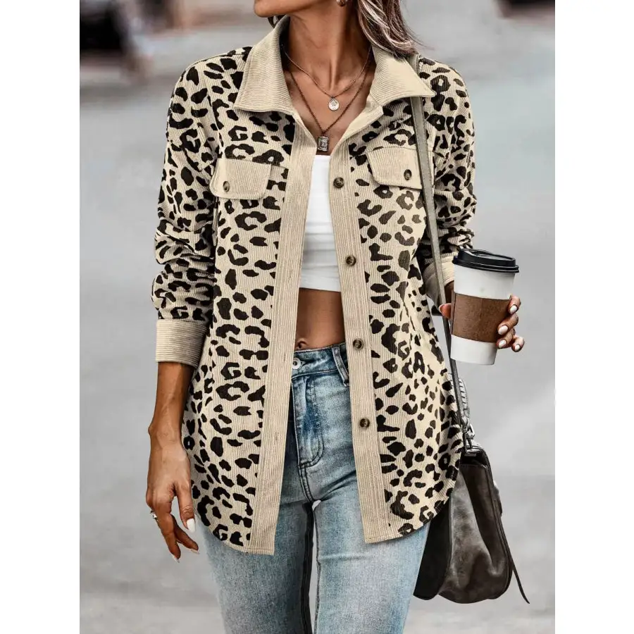 Full Size Leopard Print Button Down Jacket Plus Size