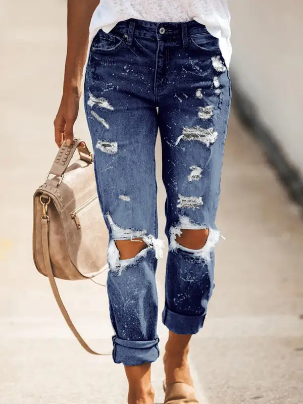 Straight Leg Ripped Stretch Washed Denim Jeans