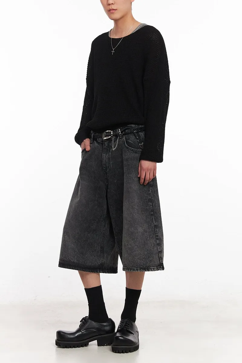 Men's Streetwear Washed Wide-Fit Denim Shorts
