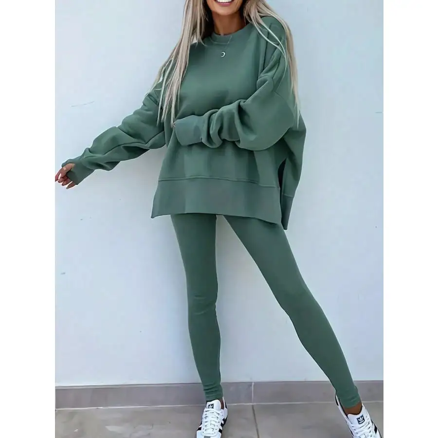Solid Oversize Slit Sweatshirt and Ribbed Leggings 2pcs Set