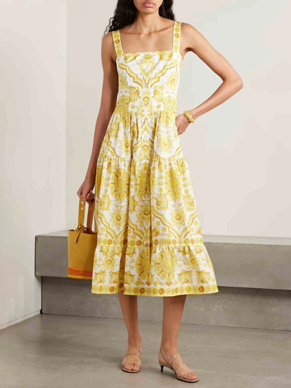 Tile Floral Print Buttoned Midi Dress