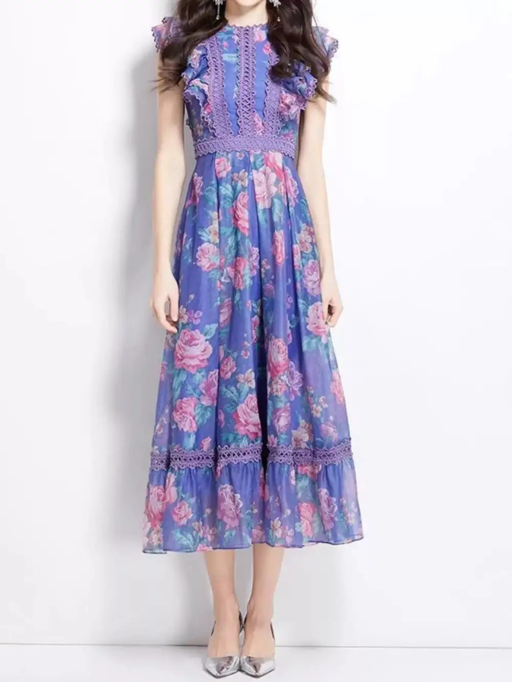 Print Ruffle Sleeve Midi Dress