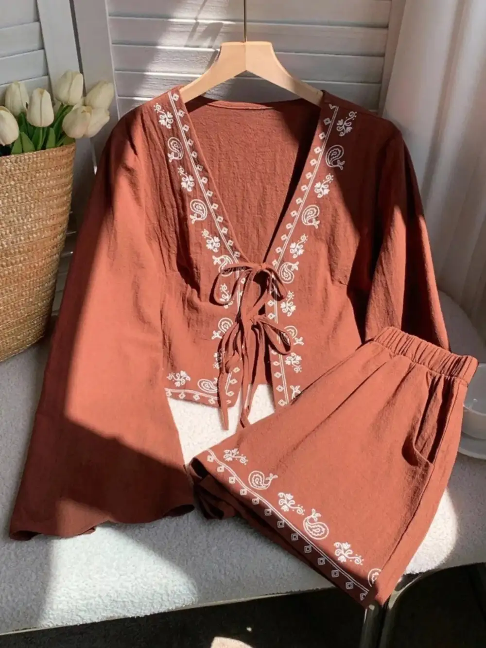 Embroidered Tie Front Top & Shorts Set