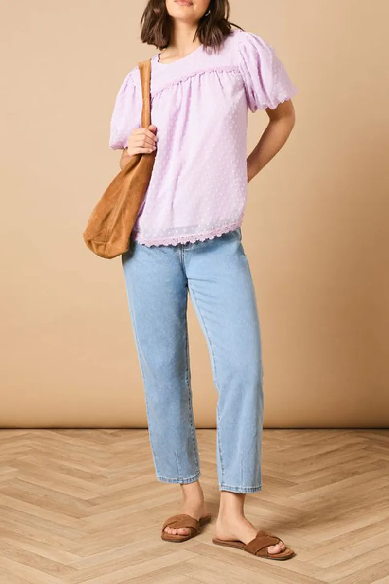 Casual Style Crew Neck Puff Sleeve Blouse