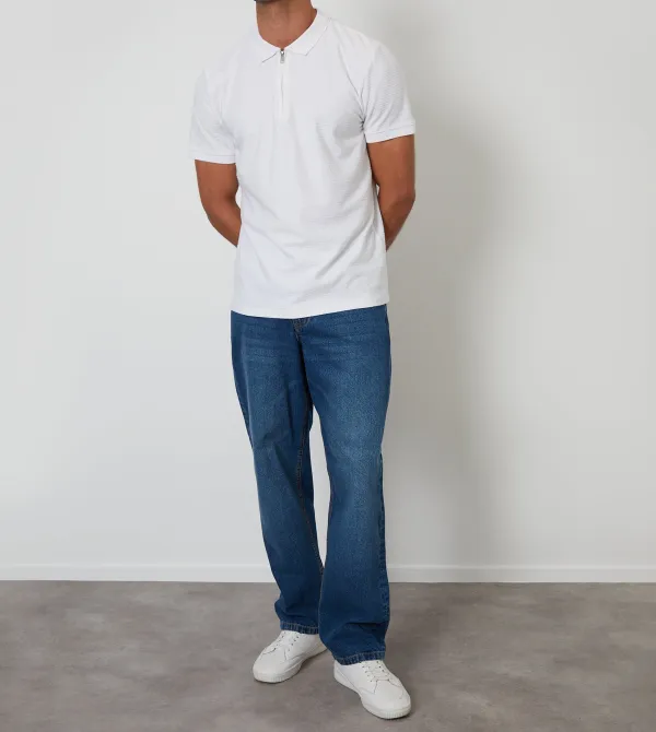 Men's White Textured Quarter-Zip Polo Shirt