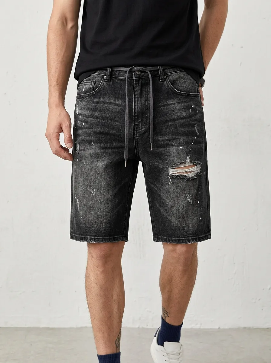 Men's Paint Splatter Distressed Drawstring Street Inspired Distressed Denim Shorts