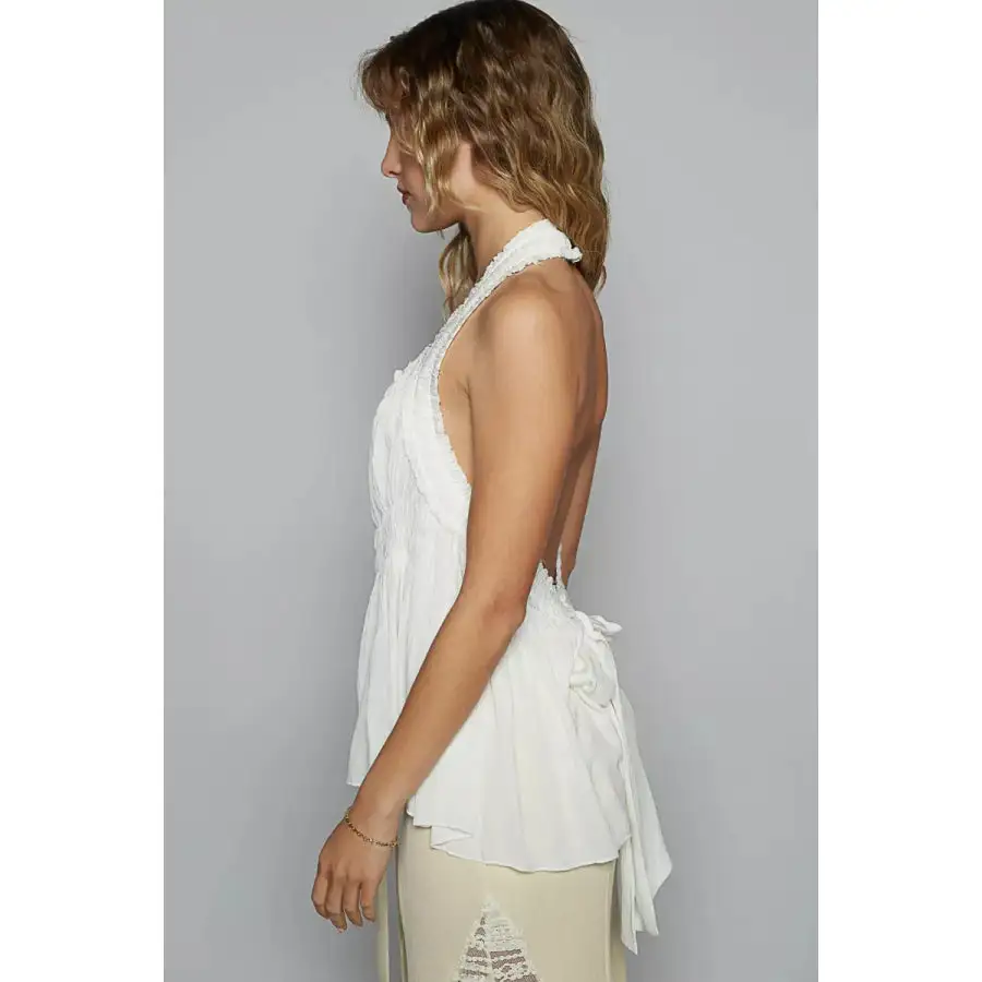 Backless Halter Sleeveless Top With Smocking Shirring