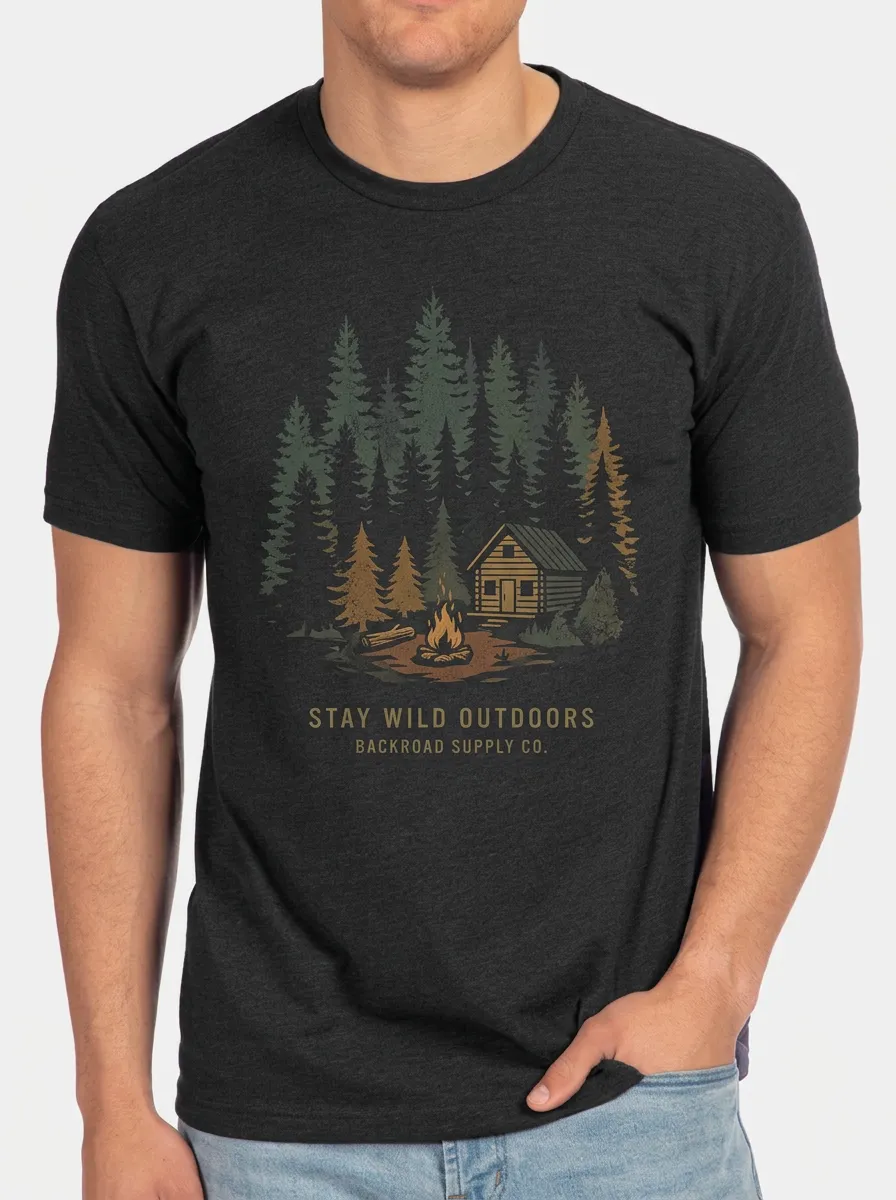 Men's Camping Nature Lover Cabin Campfire Printed T-shirt