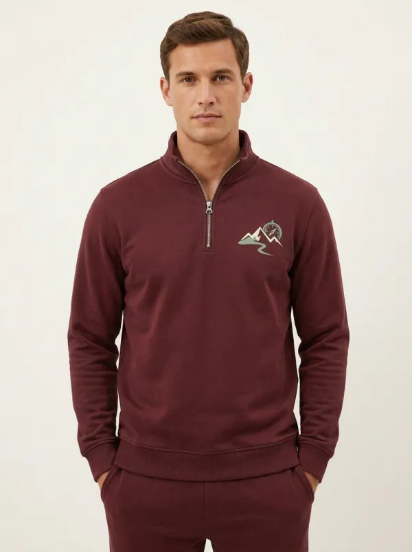 Men's Hiking Mountain Compass Graphic Zip-Neck Sweatshirt