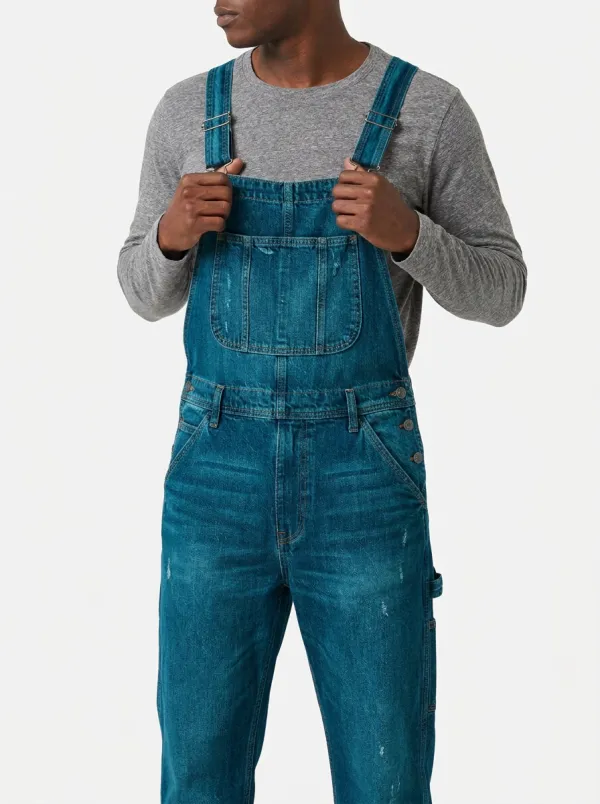 Men's Vintage Distressed Blue Denim Bib Overalls