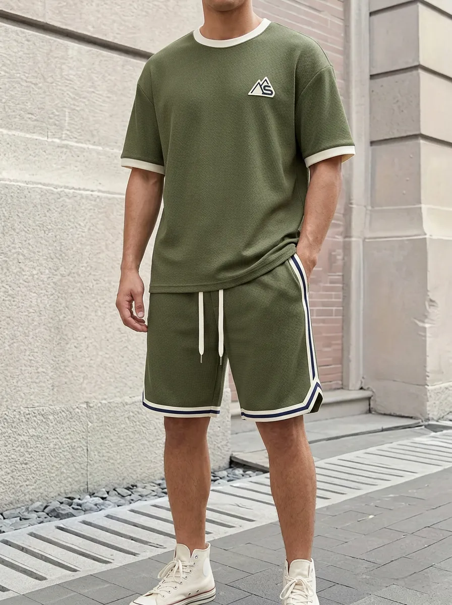 Men's Classic Waffle-Knit Mountain-Graphic T-Shirt and Shorts Set