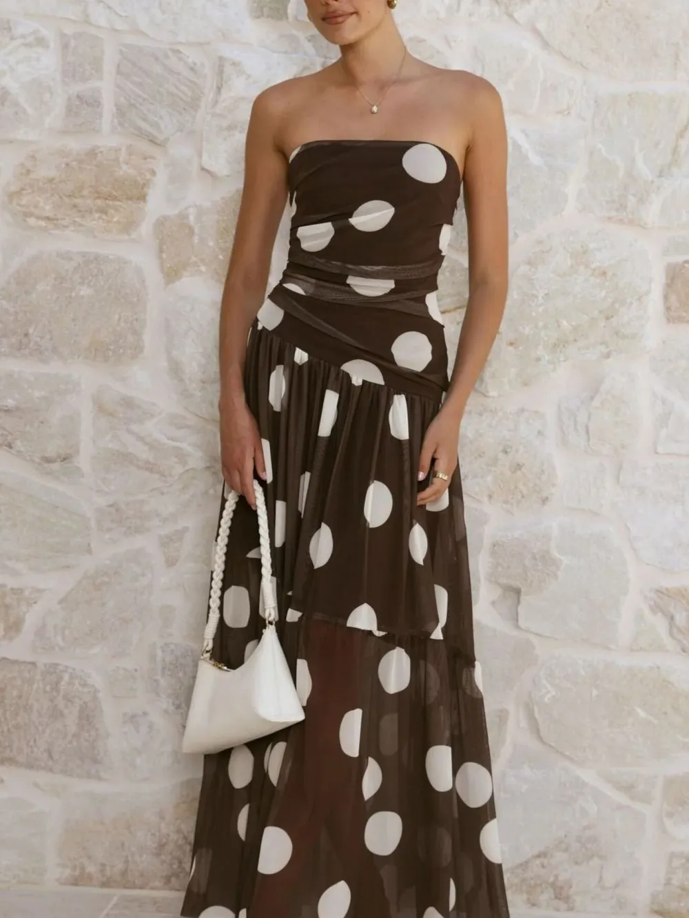 Polka Dot Strapless Ruched Maxi Dress