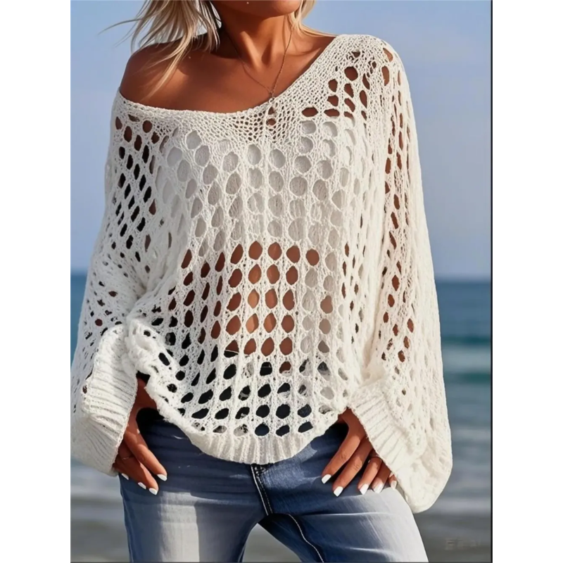 Women's Casual Loose-Fit V Neck Top - Hollow Out Design