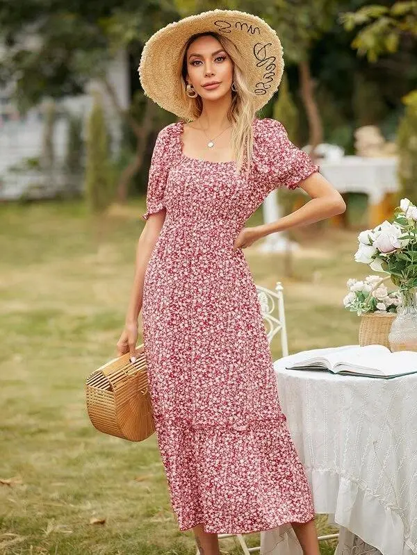 Women Square Neck Ditsy Floral Frill Trim Dress