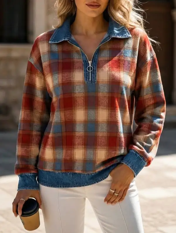 Loose Plaid Hooded Cardigan Sweatshirt