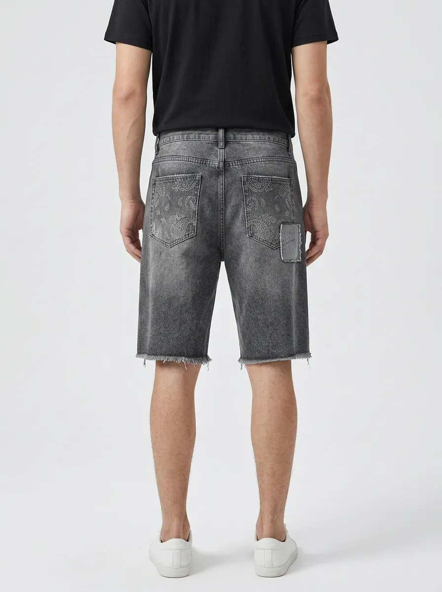 Mobility-Focused Patchwork Distressed Outdoor Look Men's Distressed Raw Hem Denim Shorts