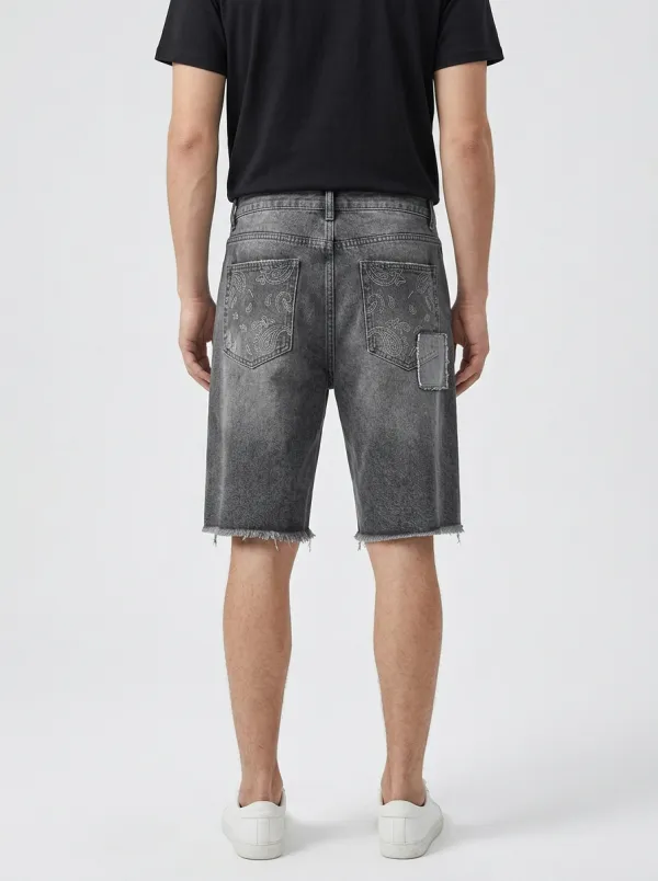 Mobility-Focused Patchwork Distressed Outdoor Look Men's Distressed Raw Hem Denim Shorts