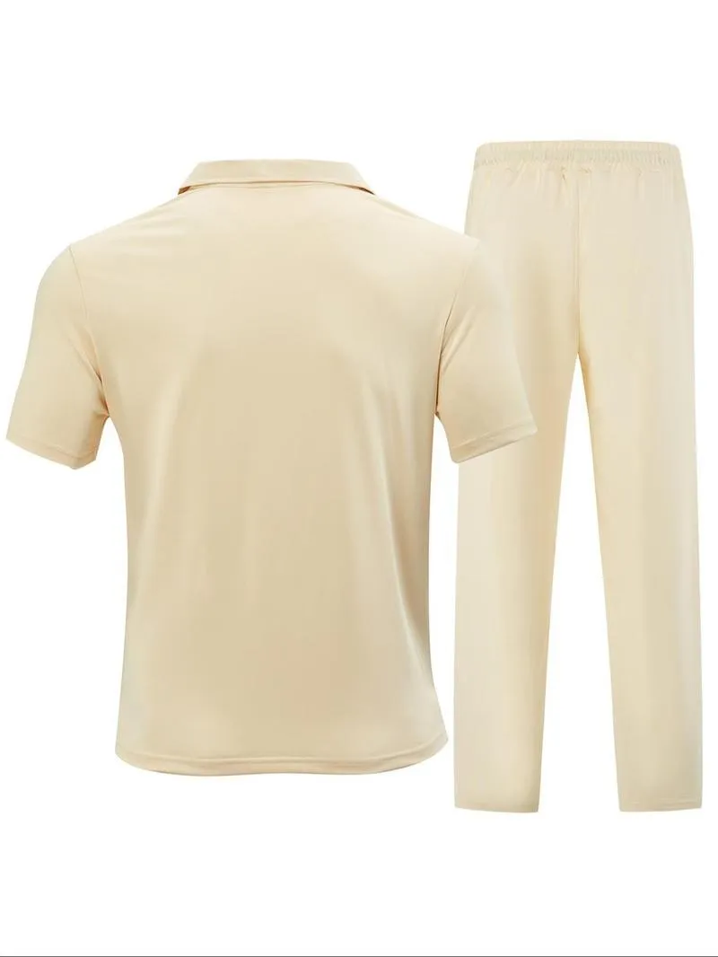 Men's Plain Half Zip Up Shortsleeve Polo Shirt & Drawstring Waist Pants Two-piece Set