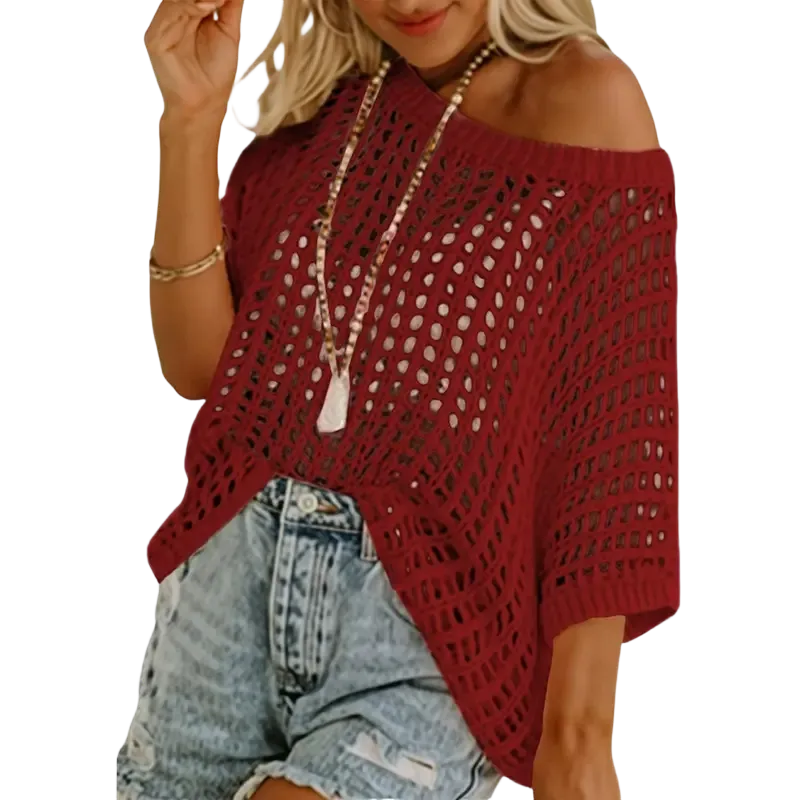 Women's Summer Scoop Neck Short Sleeve Sweater Casual Crochet Hollow Out Knit Tops Pullover Shirts Beach Coverup
