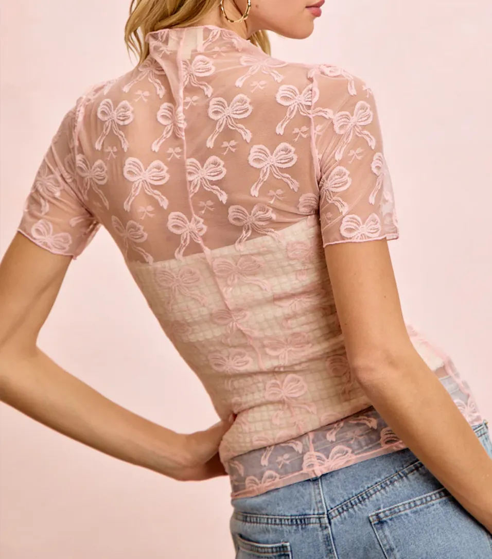 Mesh Bow Pattern High Neck Top
