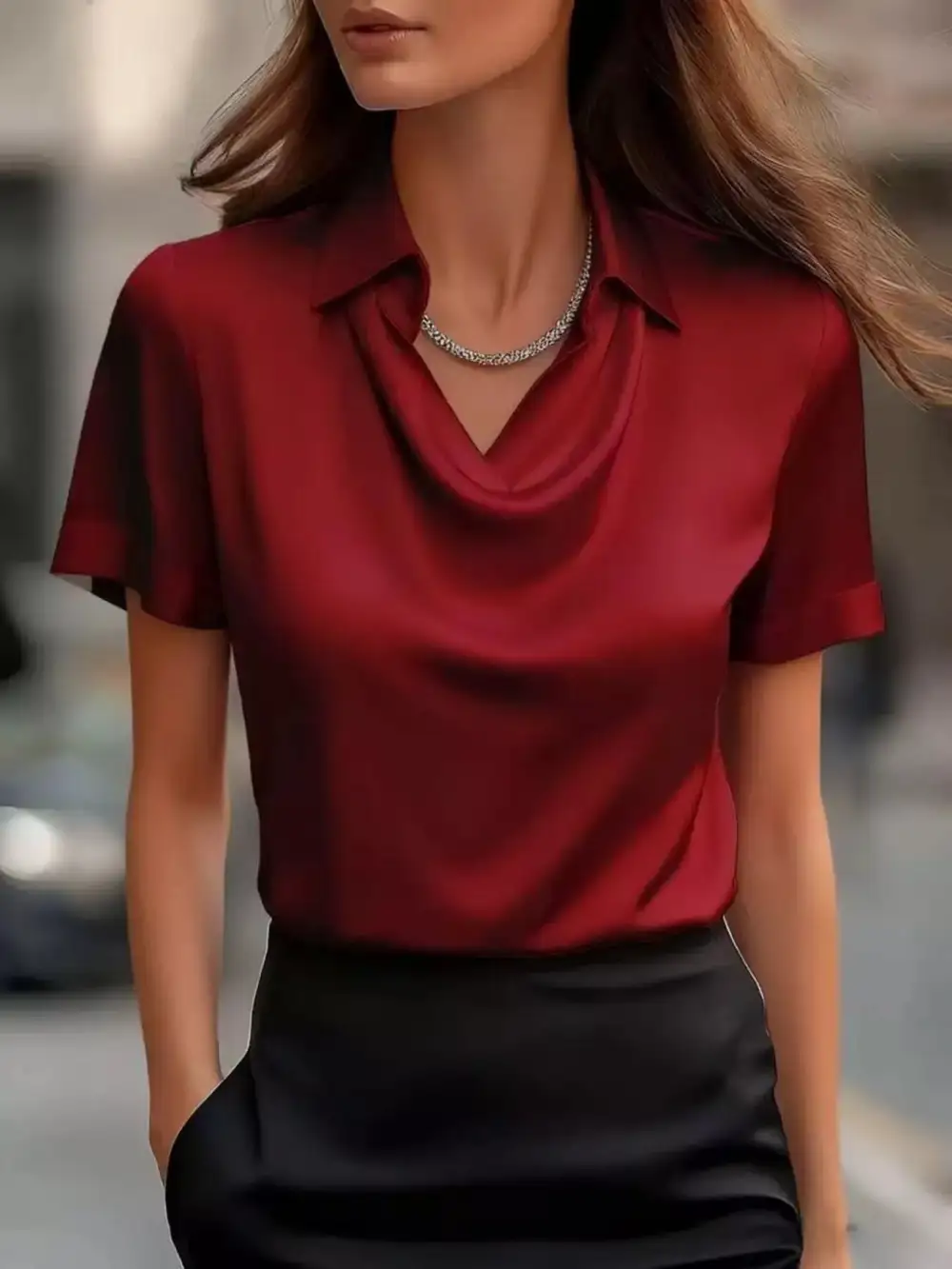 Cowl Neck Short Sleeve Satin Blouse Plus