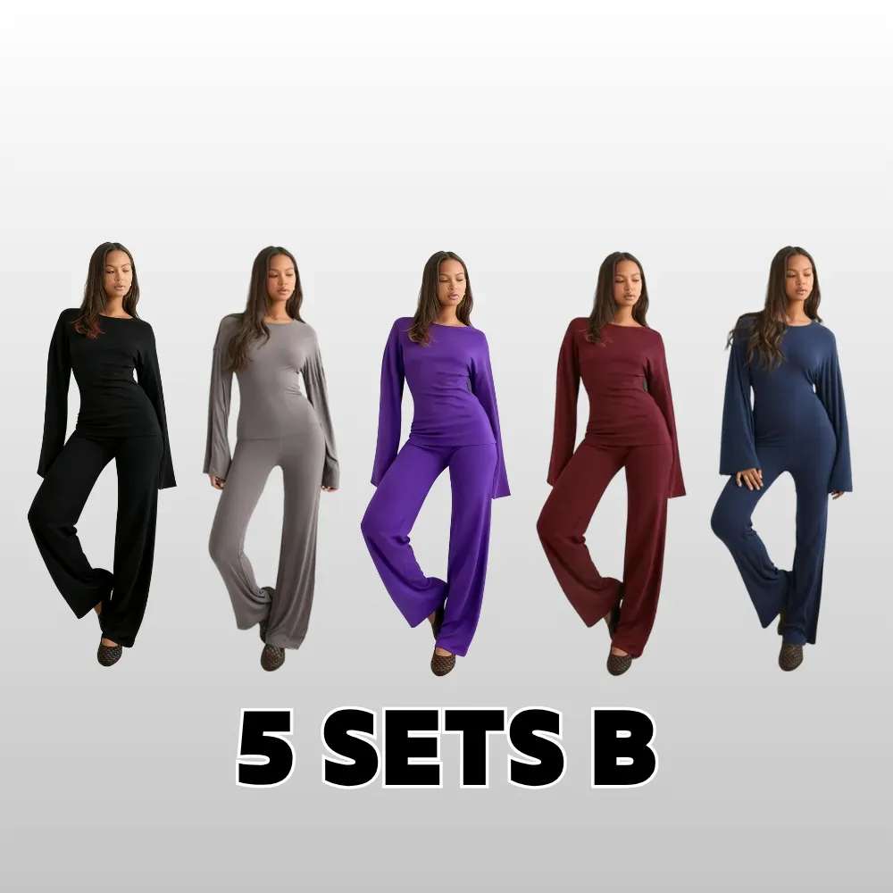 Women's Fall New Round Neck Flare Long Sleeve Top & Elastic Waist Straight Leg Pants Set