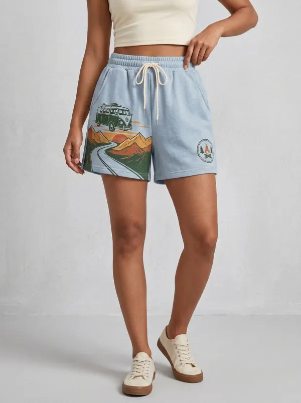 Women's Camping Lover Van Mountain Landscape Printed Shorts