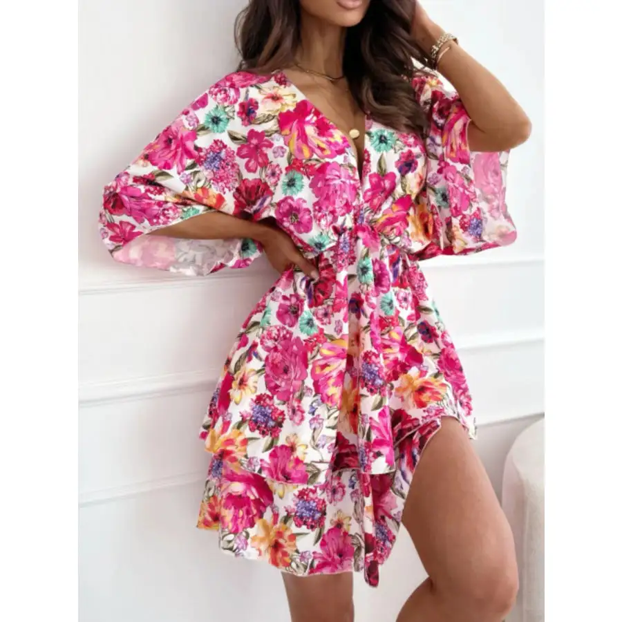 Print V-neck Ruffle Mini Dress