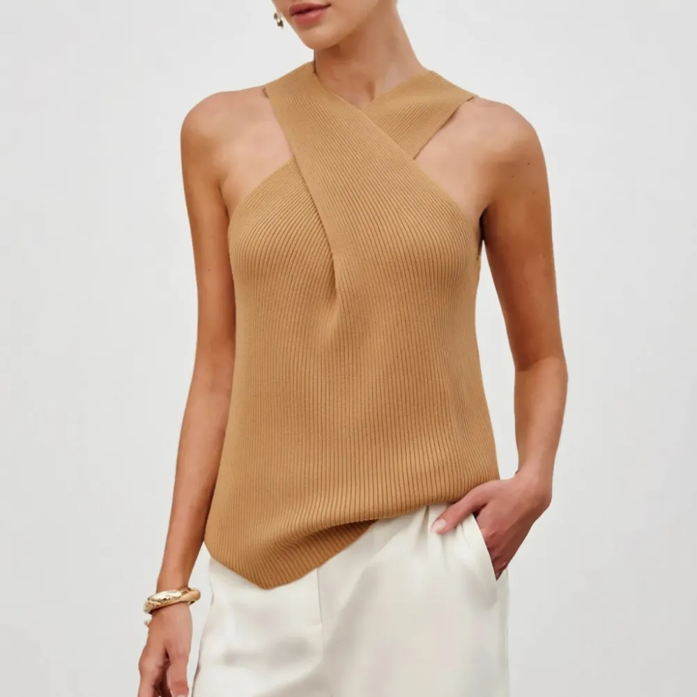 Tanming Women's Halter Cross Over Collar Tank Knit Sleeveless Camisole Top