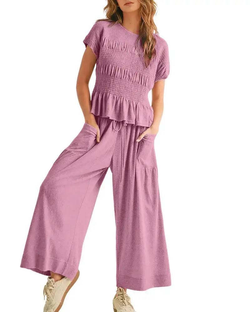 Smocked Peplum Top and Wide Leg Pants Two-Piece Set
