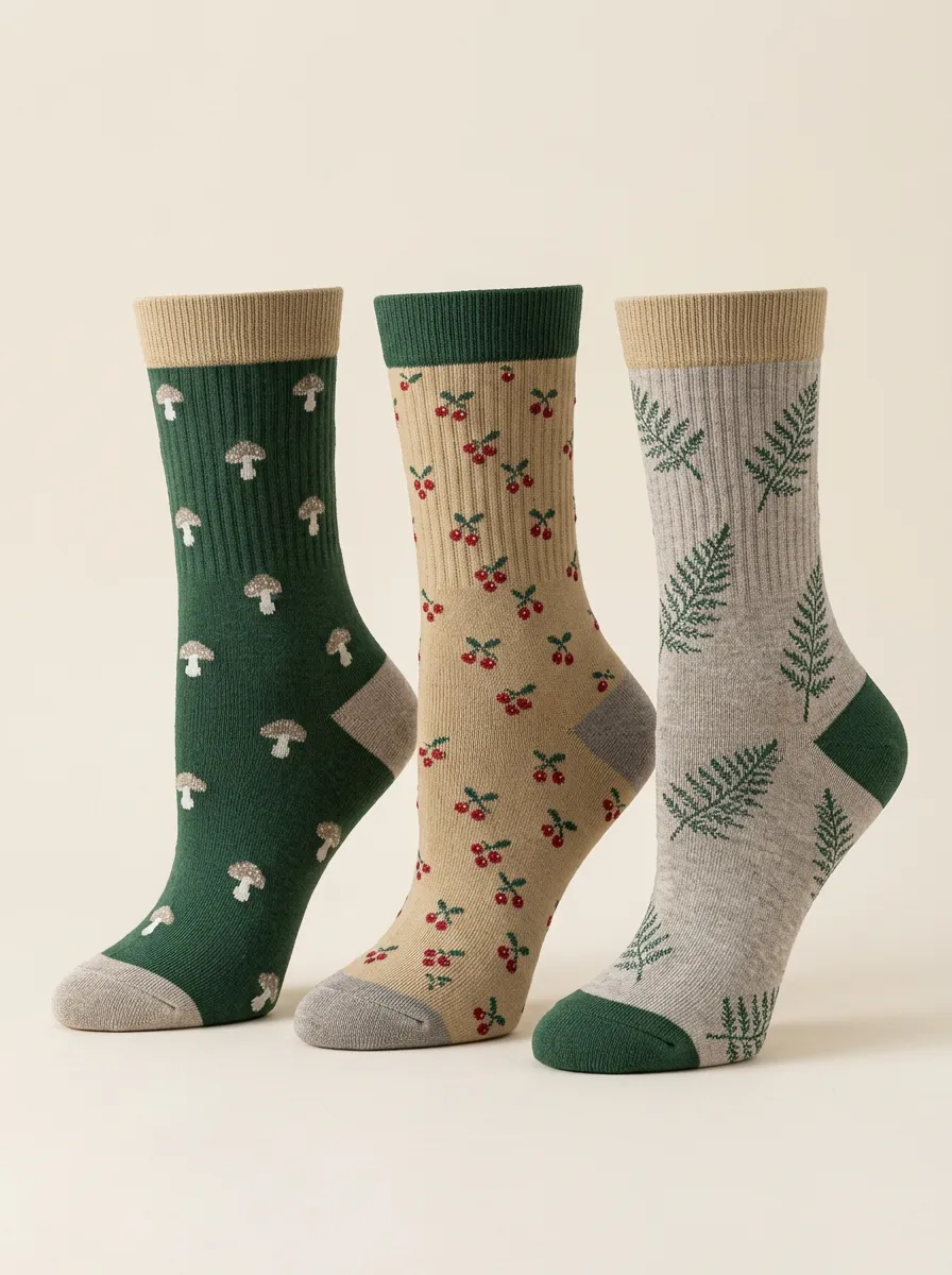 Mushroom Fern Cherry Three Pair Sock Set